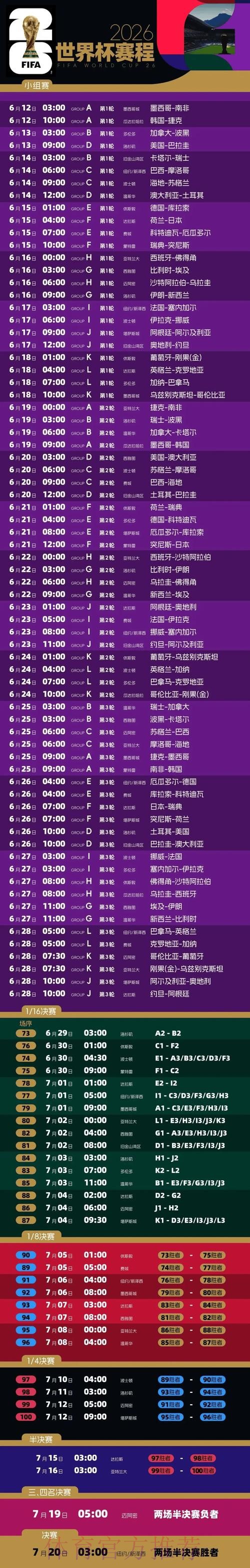 2026世界杯比赛时间详细安排全程直播免费观看 2026世界杯比赛时间详细安排全程直播免费观看